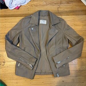 Zara Tan Leather Moto Jacket with Asymmetrical Design